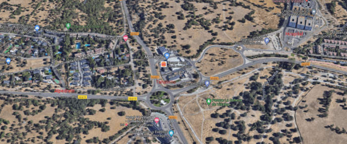 Vista aérea de la zona para instalar el paso peatonal entre Alpedrete y el Hospital de Villalba