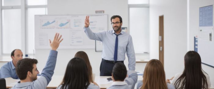 Imagen de un aula de formación - Profesor y alumnos atendiendo