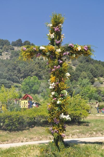 Cruz cubierta de retamas en flor