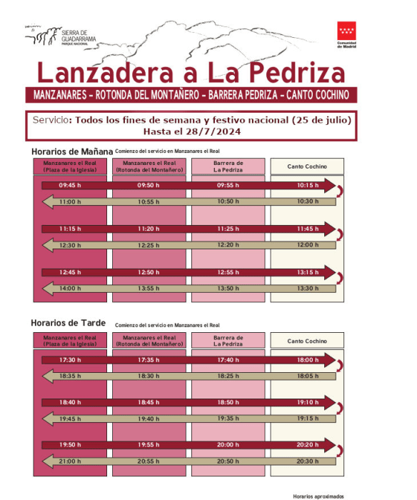 Horarios aproximados para el autobús Lanzadera a La Pedriza