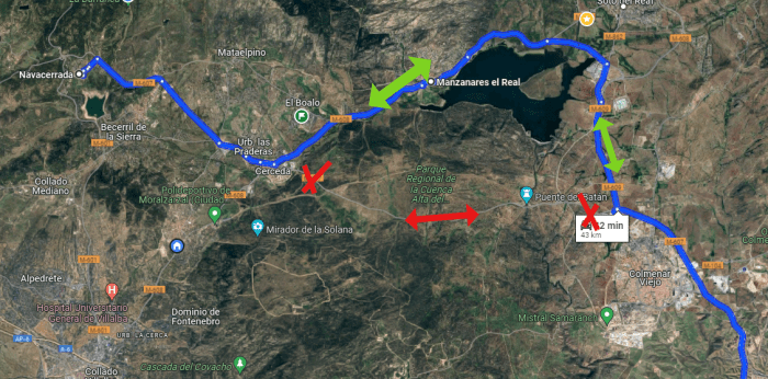 Mapa (Google Maps). Ruta alternativa para evitar el corte de la carretera M-607 entre de Colmenar Viejo y Cerceda durante el verano 2024