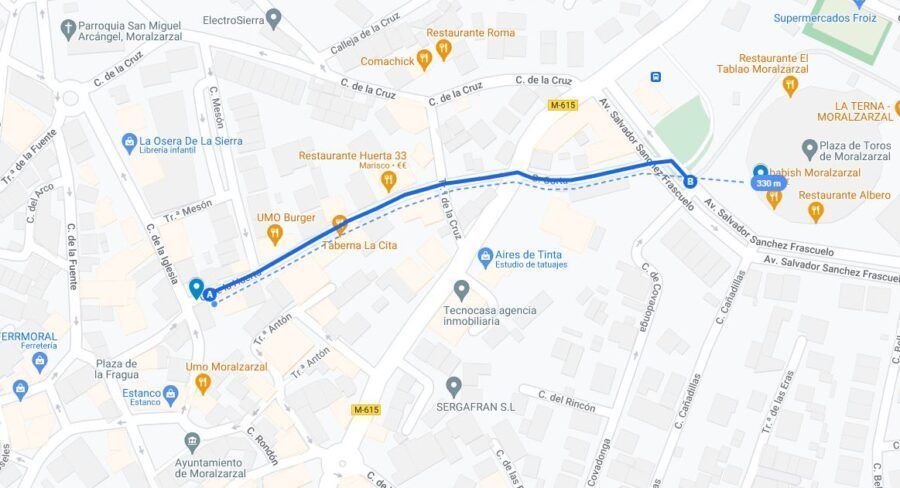 Recorrido de los encierros de Moralzarzal. Aproximadamente 330 metros