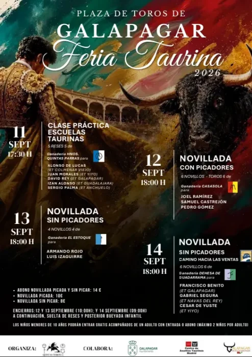 Cartel de la Feria Taurina de Galapagar 2026, con los carteles del 11 al 14 de septiembre