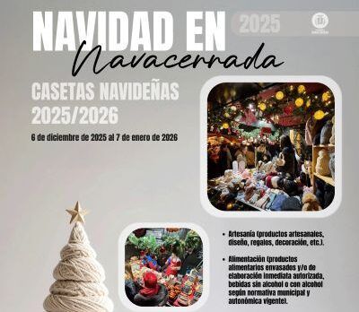 Cartel digital sobre fondo gris que anuncia "Navidad en Navacerrada 2025 - Casetas Navideñas 2025/2026". Las fechas son del 6 de diciembre de 2025 al 7 de enero de 2026.