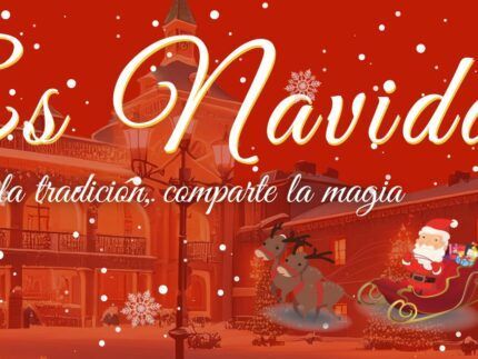 Ilustración digital navideña en tonos rojos. Muestra una plaza nevada con farolas antiguas, un eslogan de "Es Navidad. Vive la tradición, comparte la magia" y a Papá Noel en su trineo tirado por renos.