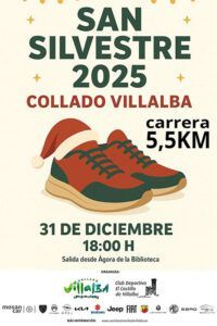 Cartel de la Carrera San Silvestre de Collado Villalba 2025 en el centro unas deportivas con cordones y en una de ellas un gorrito de Papa Noel