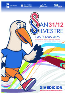 Cartel de la carrera popular "San Silvestre Las Rozas 2025". predomina el color azul, blanco y rojo, y presenta una cigüeña sonriente.