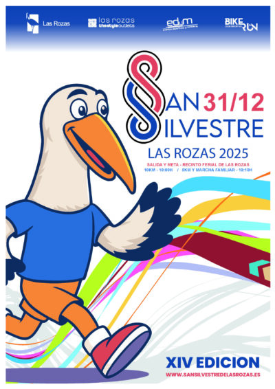 Cartel de la carrera popular "San Silvestre Las Rozas 2025". predomina el color azul, blanco y rojo, y presenta una cigüeña sonriente.
