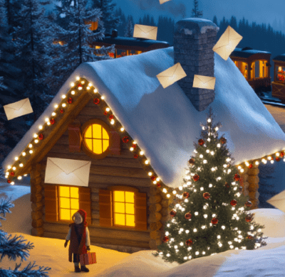 Casa de madera con el tejado cubierto de nieve y en el exterior un árbol de Navidad encendido y una niña en la puerta de la casa.
