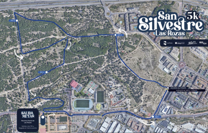 Mapa de Las Rozas marcarndo el recorrido 5KM de la San Silvestre de Las Rozas 2025