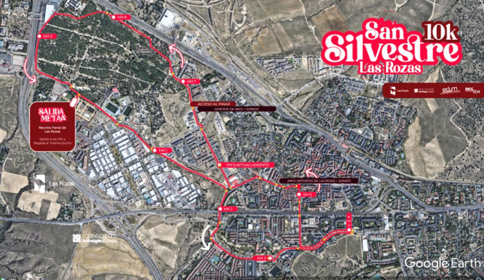 Mapa de Las Rozas marcarndo el recorrido 10 KM de la San Silvestre de Las Rozas 2025