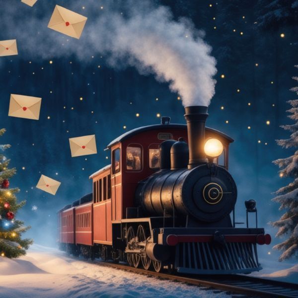 Tren de vapor rojo y negro circulando por la nieve de noche, con cartas flotando en el aire y un árbol de Navidad iluminado.