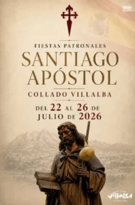 Cartel de Fiestas de Santiago Apóstol en Collado Villalba, del 22 al 26 de julio de 2026, con la estatua del santo
