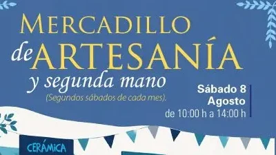 Cartel del Mercadillo de Artesanía y segunda mano de Alpedrete con ilustración de puestos de cerámica, cuero y ropa.