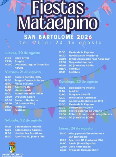 Texto alternativo (atributo ALT): Cartel oficial del programa de las Fiestas de Mataelpino San Bartolomé 2026, del 20 al 24 de agosto