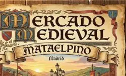 Cartel de estilo medieval con la inscripción "Mercado Medieval Mataelpino, Madrid" sobre una ilustración de un atardecer.