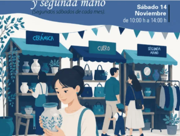 Cartel del Mercadillo de Artesanía y Segunda Mano de Alpedrete del sábado 14 de noviembre de 2026, con puestos de cerámica, cuero y segunda mano.