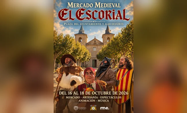 Cartel del Mercado Medieval de El Escorial 2026 con el título sobre una iglesia de dos torres, en la Plaza del Ayuntamiento y alrededores